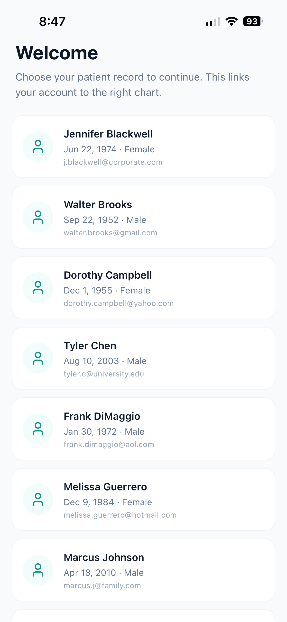 Gigabox EHR mobile — patient picker