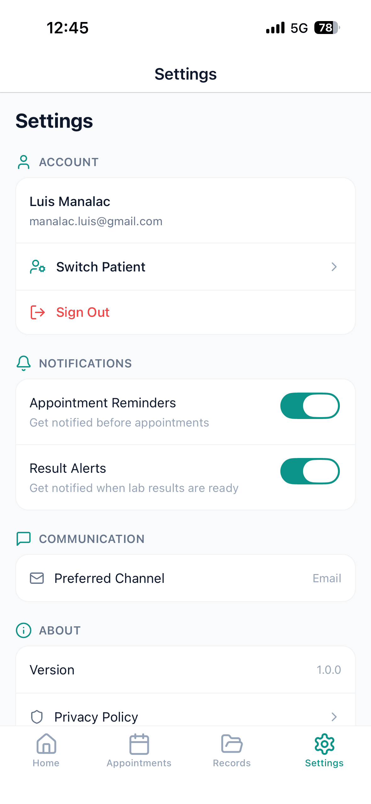 Gigabox EHR mobile — settings screen